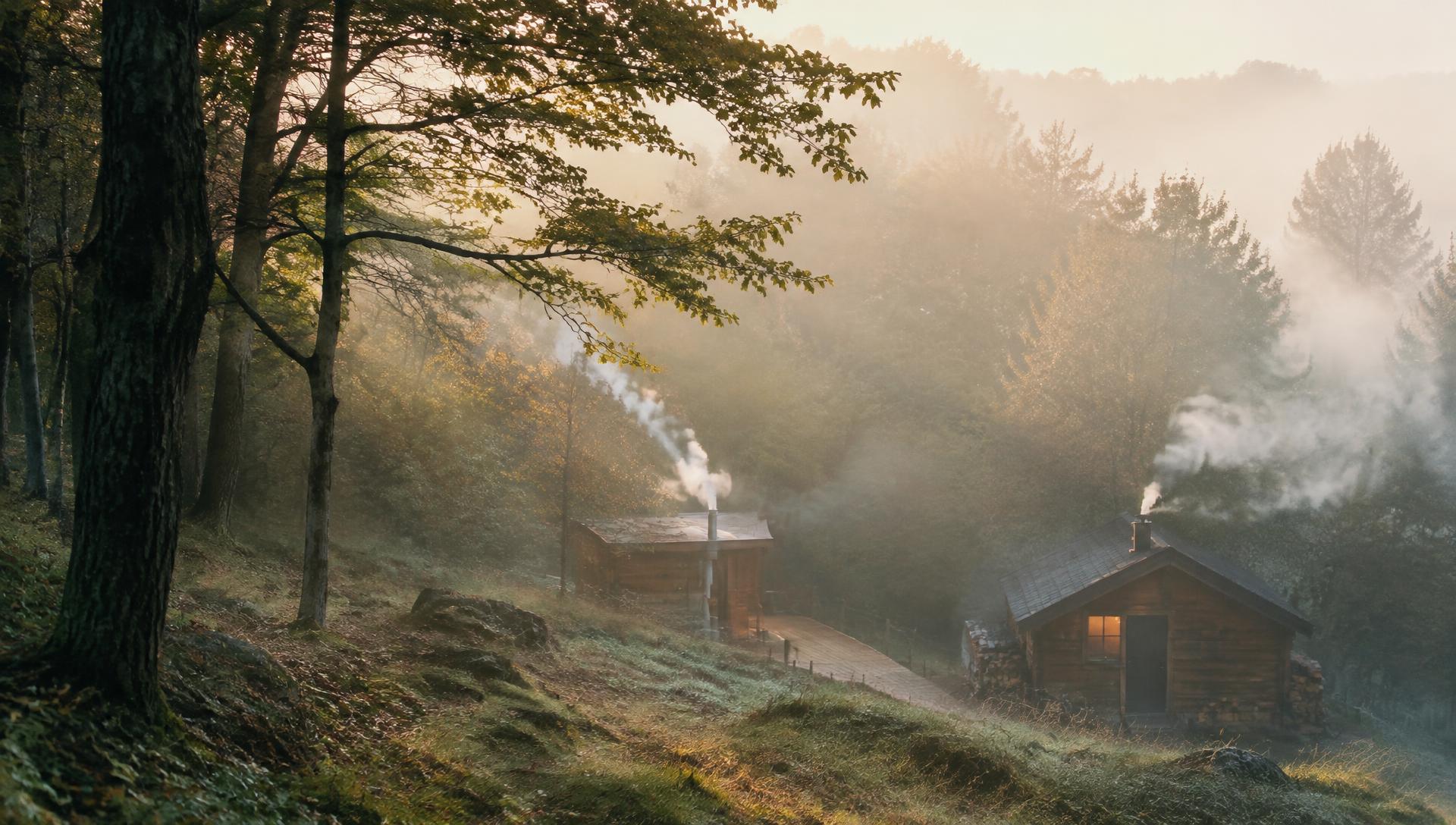Misty forest with timber cabins at dawn